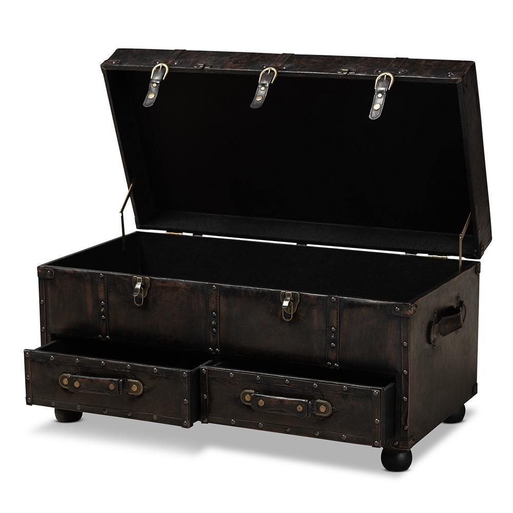 Callum Modern Transitional Distressed Dark Brown Faux Leather Upholstered 2-Drawer Storage Trunk Ottoman FredCo