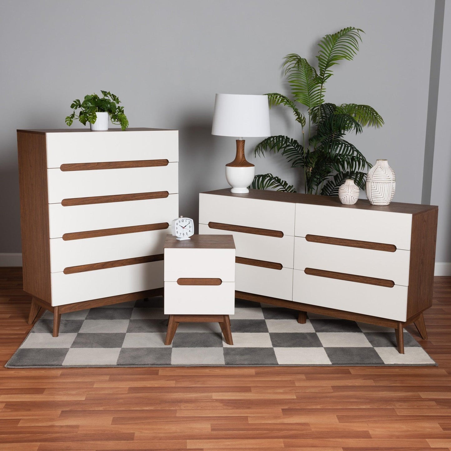 Calypso Mid-Century Modern Two-Tone White and Walnut Brown Finished Wood 3-Piece Storage Set FredCo