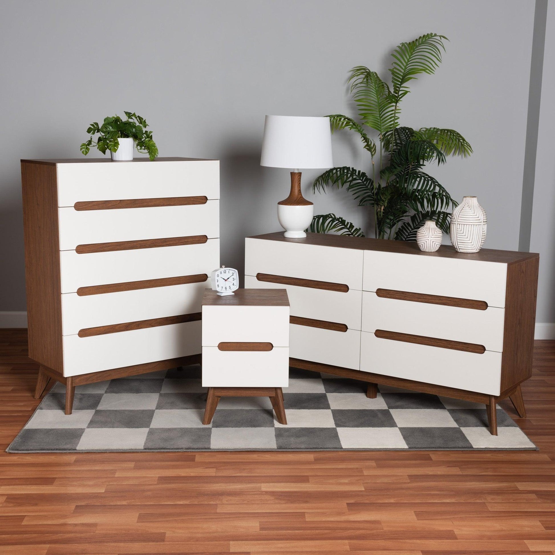 Calypso Mid-Century Modern Two-Tone White and Walnut Brown Finished Wood 3-Piece Storage Set FredCo