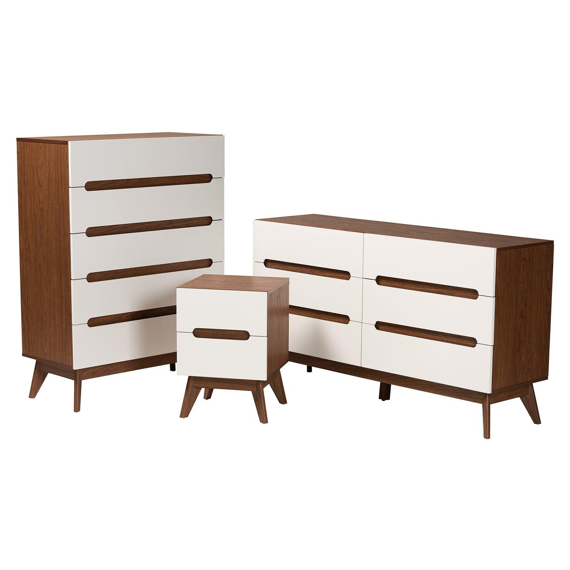 Calypso Mid-Century Modern Two-Tone White and Walnut Brown Finished Wood 3-Piece Storage Set FredCo