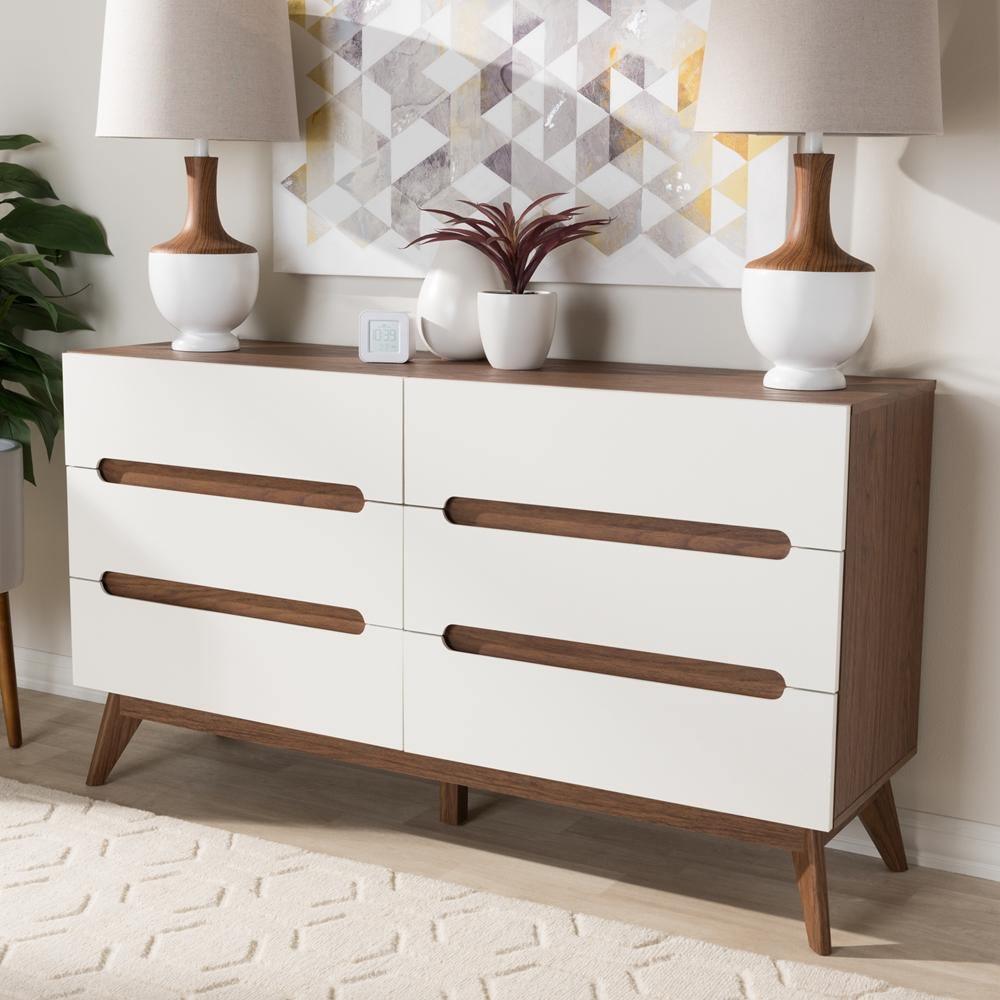 Calypso Mid-Century Modern White and Walnut Wood 6-Drawer Storage Dresser FredCo