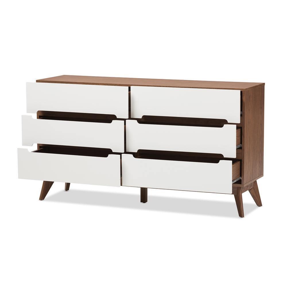 Calypso Mid-Century Modern White and Walnut Wood 6-Drawer Storage Dresser FredCo