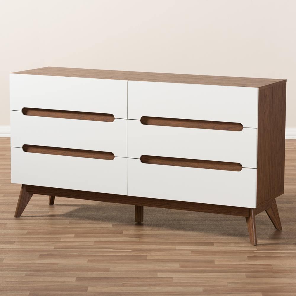 Calypso Mid-Century Modern White and Walnut Wood 6-Drawer Storage Dresser FredCo