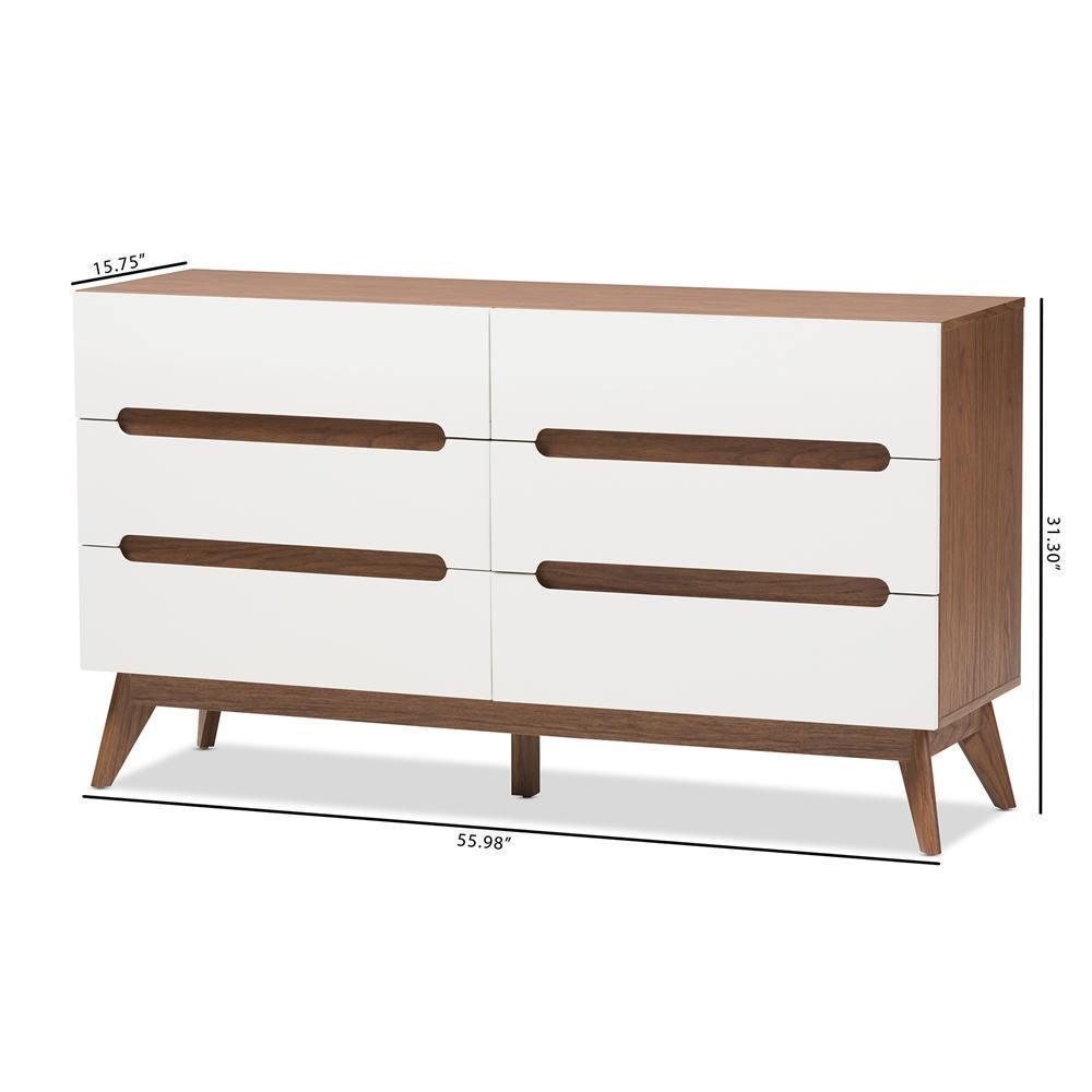 Calypso Mid-Century Modern White and Walnut Wood 6-Drawer Storage Dresser FredCo