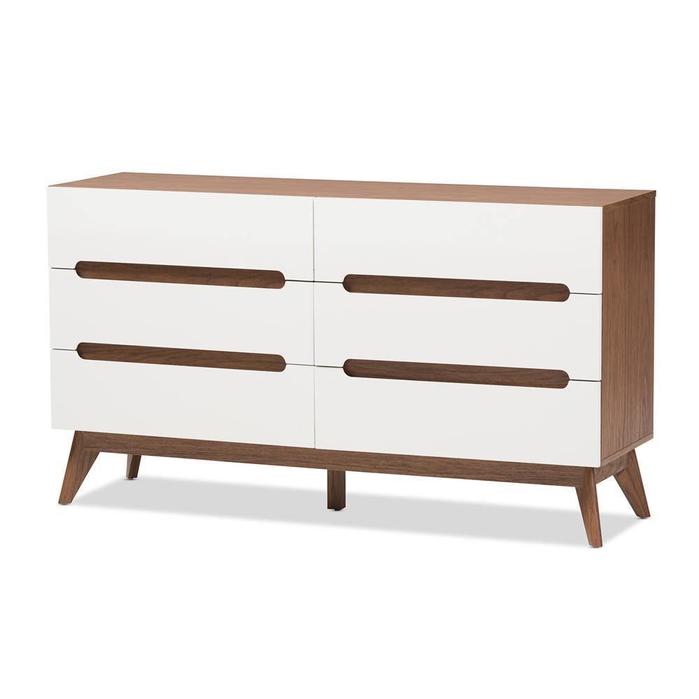 Calypso Mid-Century Modern White and Walnut Wood 6-Drawer Storage Dresser FredCo