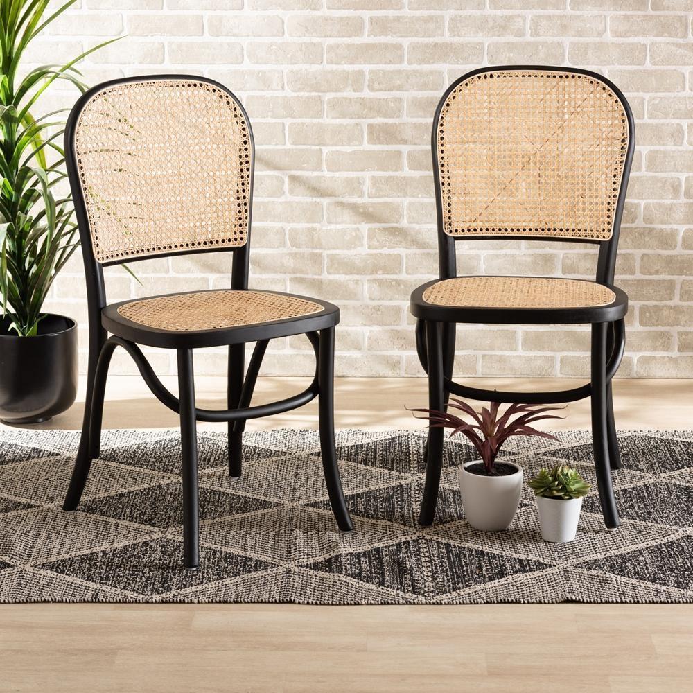 Cambree Mid-Century Modern Brown Woven Rattan and Black Wood 2-Piece Cane Dining Chair Set FredCo