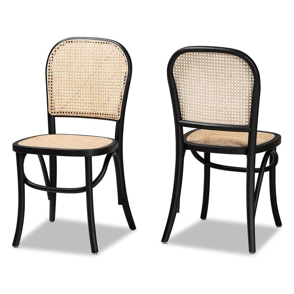 Cambree Mid-Century Modern Brown Woven Rattan and Black Wood 2-Piece Cane Dining Chair Set FredCo