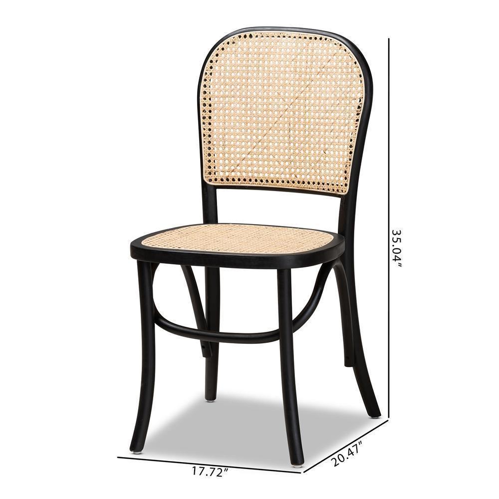 Cambree Mid-Century Modern Brown Woven Rattan and Black Wood 2-Piece Cane Dining Chair Set FredCo