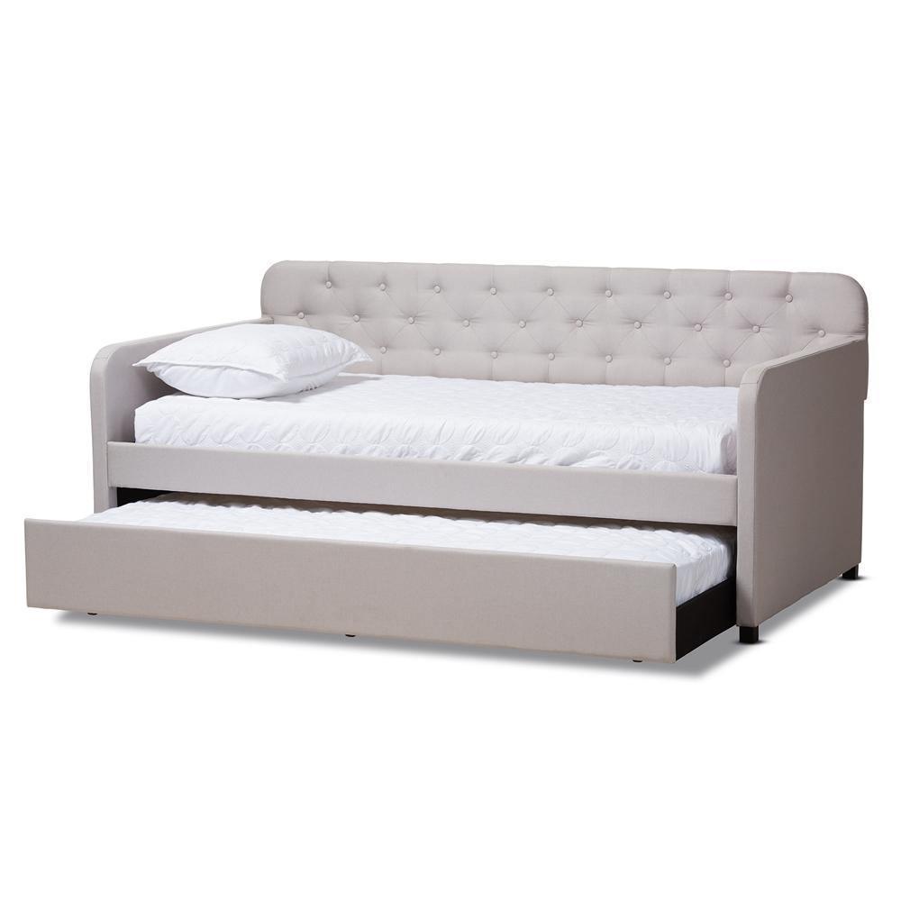 Camelia Modern and Contemporary Beige Fabric Upholstered Button-Tufted Twin Size Sofa Daybed with Roll-Out Trundle Guest Bed FredCo