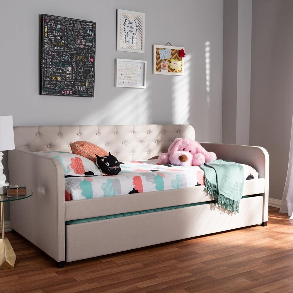 Camelia Modern and Contemporary Beige Fabric Upholstered Button-Tufted Twin Size Sofa Daybed with Roll-Out Trundle Guest Bed FredCo