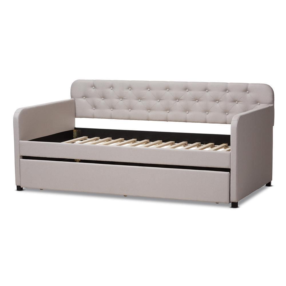 Camelia Modern and Contemporary Beige Fabric Upholstered Button-Tufted Twin Size Sofa Daybed with Roll-Out Trundle Guest Bed FredCo