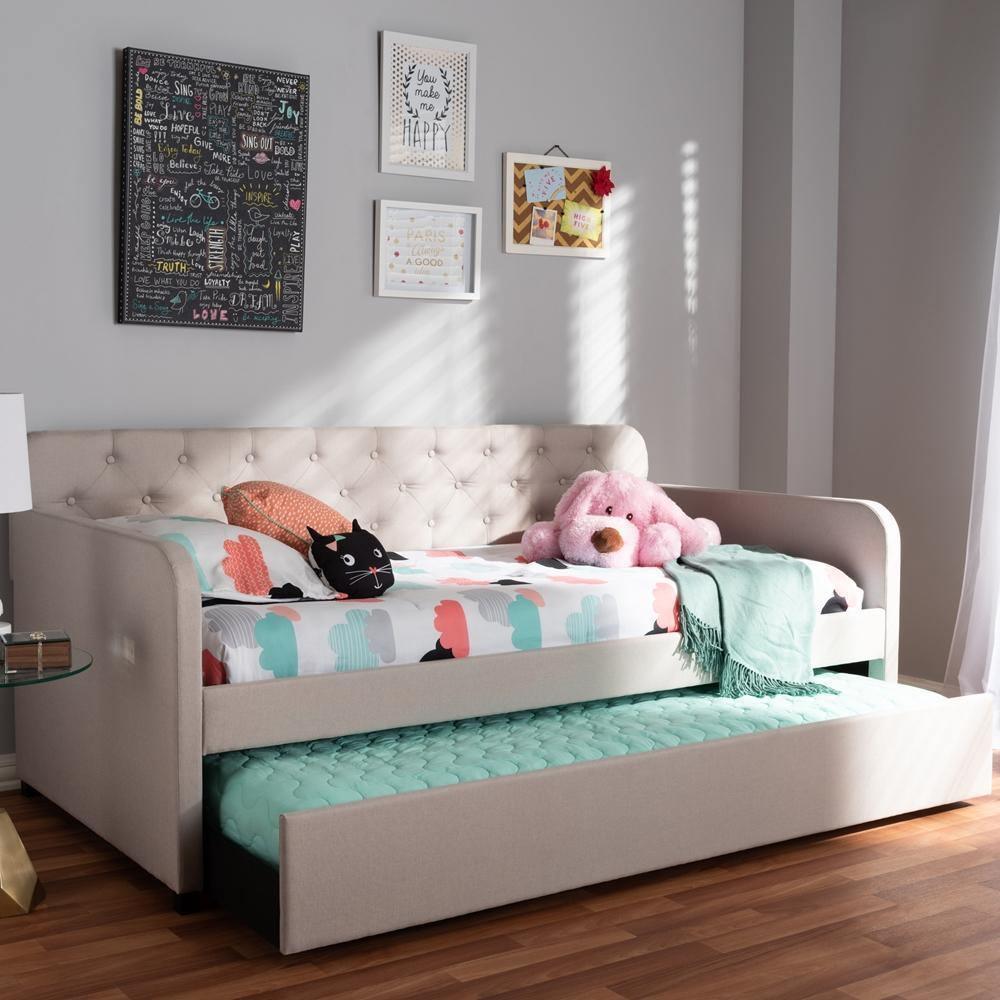 Camelia Modern and Contemporary Beige Fabric Upholstered Button-Tufted Twin Size Sofa Daybed with Roll-Out Trundle Guest Bed FredCo