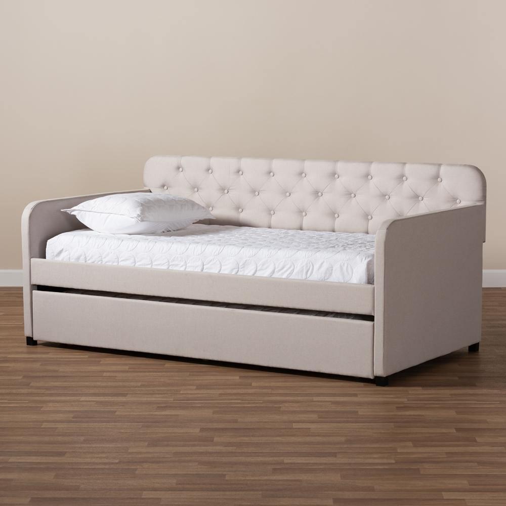 Camelia Modern and Contemporary Beige Fabric Upholstered Button-Tufted Twin Size Sofa Daybed with Roll-Out Trundle Guest Bed FredCo