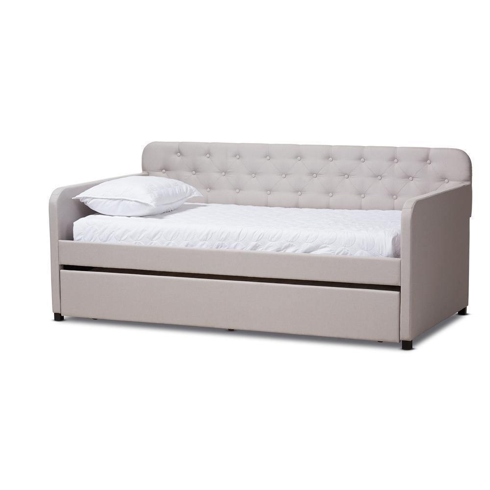 Camelia Modern and Contemporary Beige Fabric Upholstered Button-Tufted Twin Size Sofa Daybed with Roll-Out Trundle Guest Bed FredCo