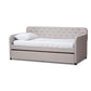 Camelia Modern and Contemporary Beige Fabric Upholstered Button-Tufted Twin Size Sofa Daybed with Roll-Out Trundle Guest Bed FredCo