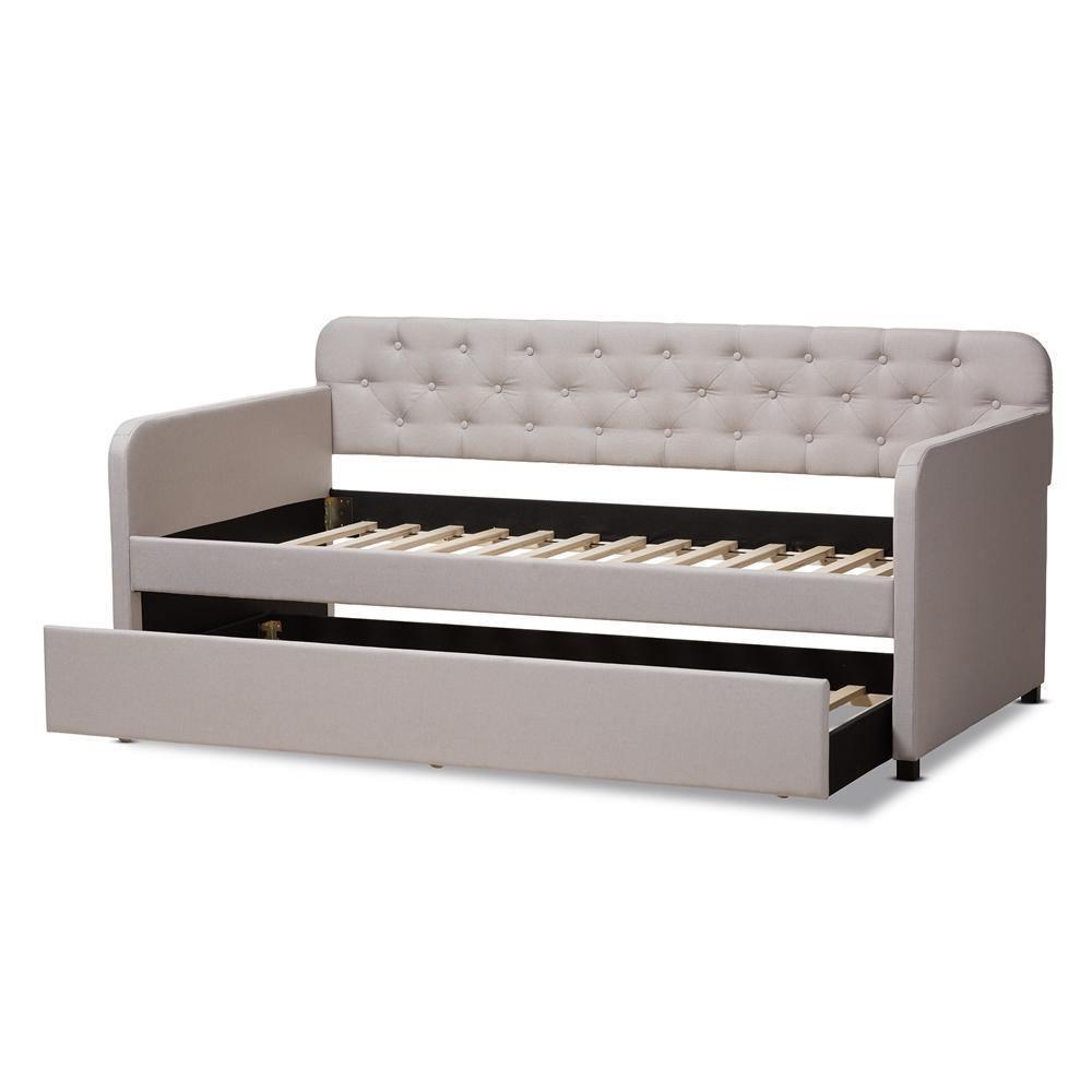 Camelia Modern and Contemporary Beige Fabric Upholstered Button-Tufted Twin Size Sofa Daybed with Roll-Out Trundle Guest Bed FredCo