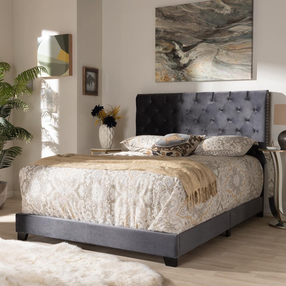 Candace Luxe and Glamour Dark Grey Velvet Upholstered Queen Size Bed FredCo