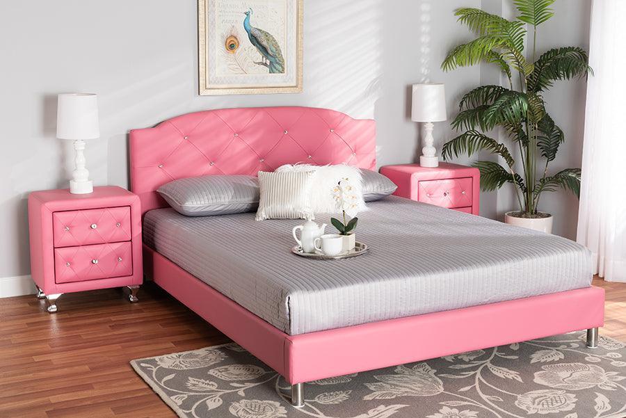 Canterbury Contemporary Glam Pink Faux Leather Upholstered Queen Size 3-Piece Bedroom Set FredCo