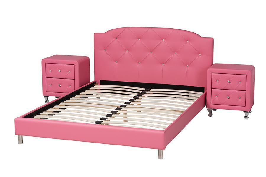 Canterbury Contemporary Glam Pink Faux Leather Upholstered Queen Size 3-Piece Bedroom Set FredCo