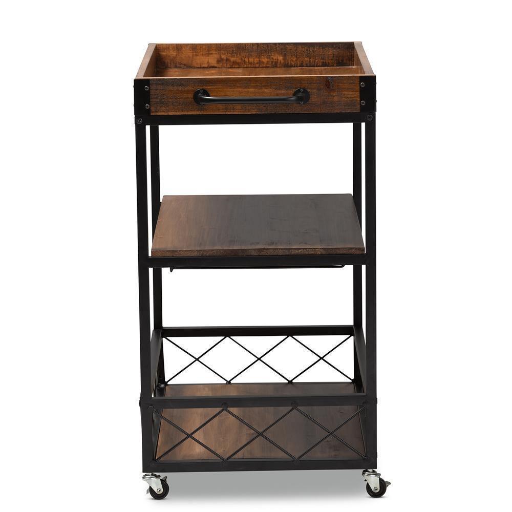 Capri Vintage Rustic Industrial Oak Brown and Black Finished Mobile Metal Bar Cart with Stemware Rack FredCo