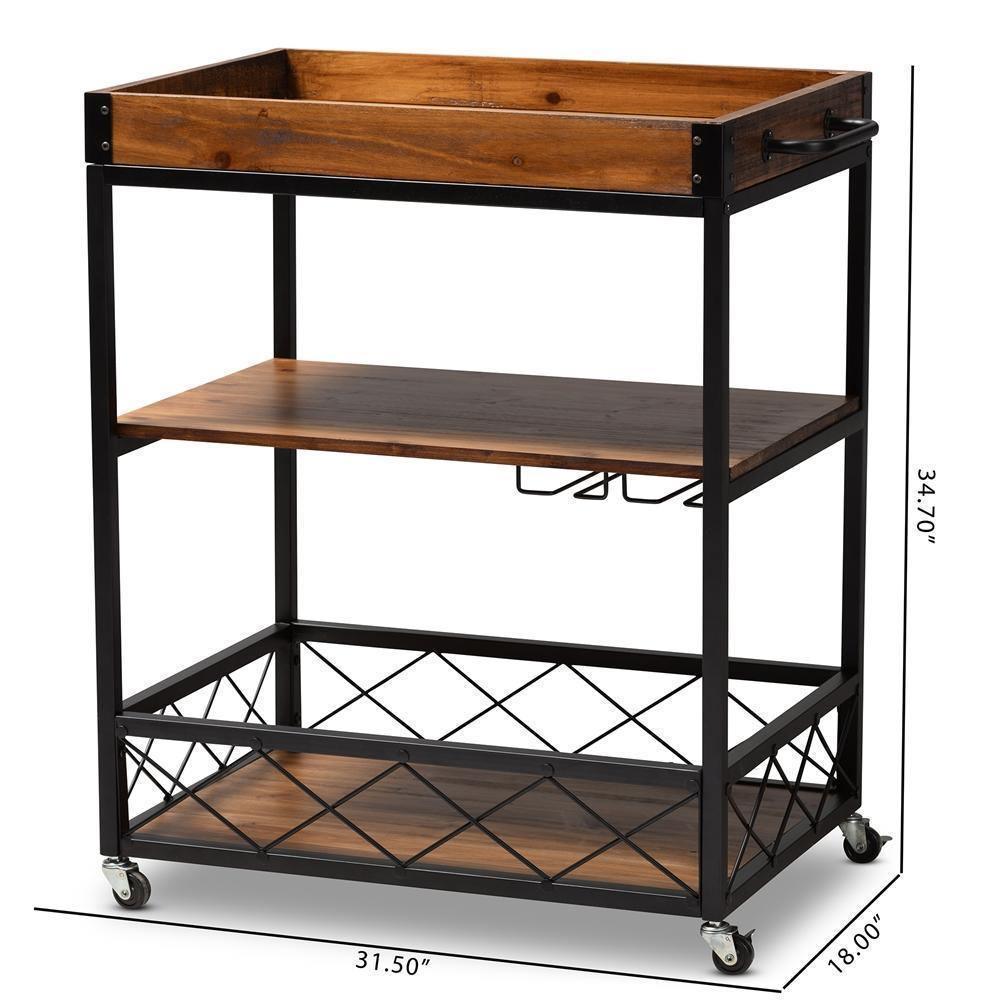 Capri Vintage Rustic Industrial Oak Brown and Black Finished Mobile Metal Bar Cart with Stemware Rack FredCo