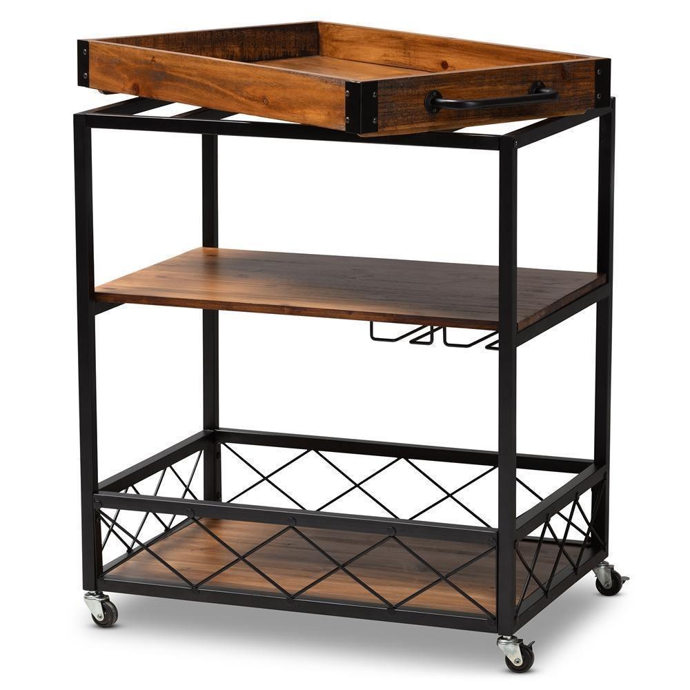 Capri Vintage Rustic Industrial Oak Brown and Black Finished Mobile Metal Bar Cart with Stemware Rack FredCo