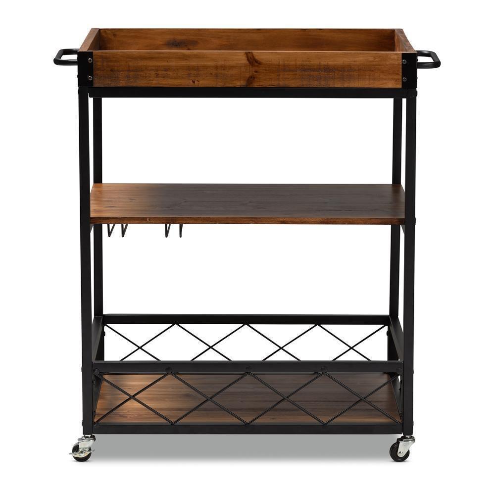 Capri Vintage Rustic Industrial Oak Brown and Black Finished Mobile Metal Bar Cart with Stemware Rack FredCo