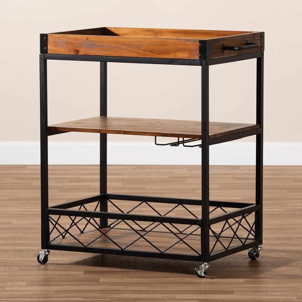 Capri Vintage Rustic Industrial Oak Brown and Black Finished Mobile Metal Bar Cart with Stemware Rack FredCo