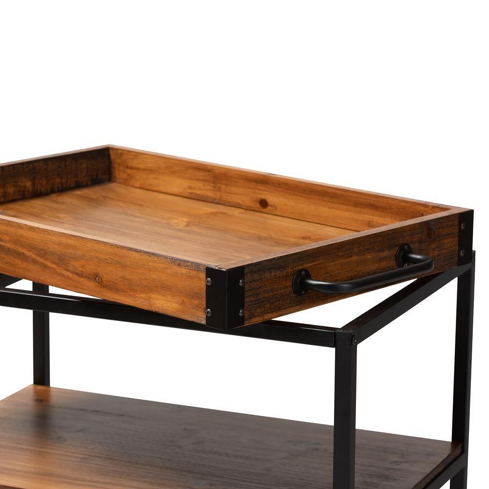 Capri Vintage Rustic Industrial Oak Brown and Black Finished Mobile Metal Bar Cart with Stemware Rack FredCo