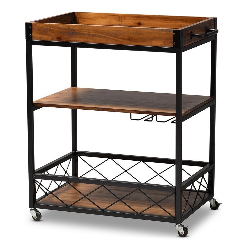 Capri Vintage Rustic Industrial Oak Brown and Black Finished Mobile Metal Bar Cart with Stemware Rack FredCo
