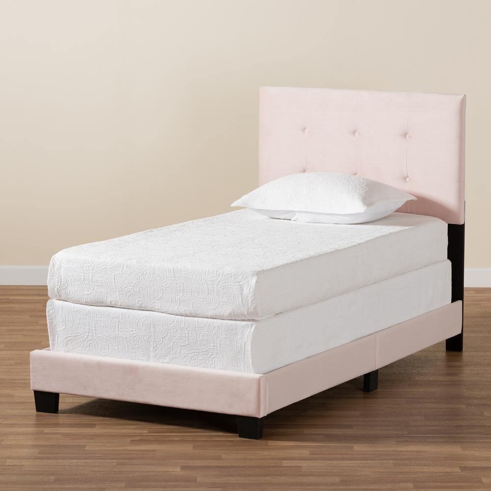 Caprice Modern and Contemporary Glam Light Pink Velvet Fabric Upholstered Twin Size Panel Bed FredCo