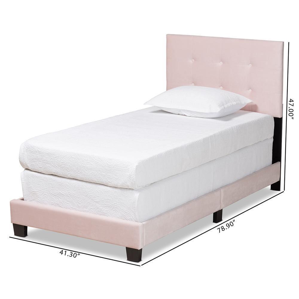 Caprice Modern and Contemporary Glam Light Pink Velvet Fabric Upholstered Twin Size Panel Bed FredCo