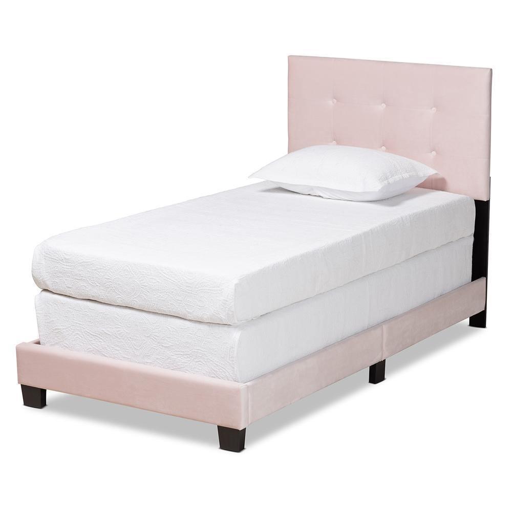Caprice Modern and Contemporary Glam Light Pink Velvet Fabric Upholstered Twin Size Panel Bed FredCo