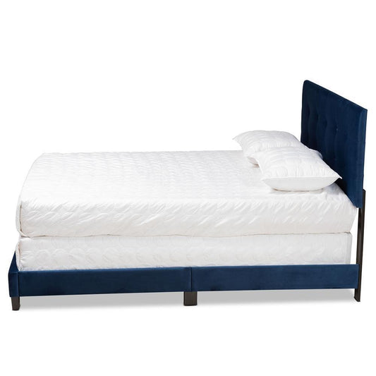 Caprice Modern and Contemporary Glam Navy Blue Velvet Fabric Upholstered Queen Size Panel Bed FredCo