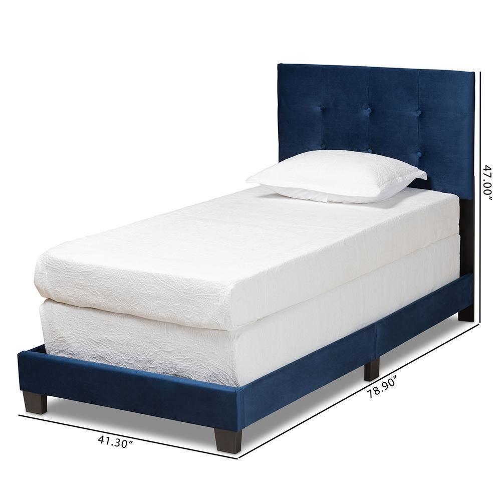 Caprice Modern and Contemporary Glam Navy Blue Velvet Fabric Upholstered Twin Size Panel Bed FredCo