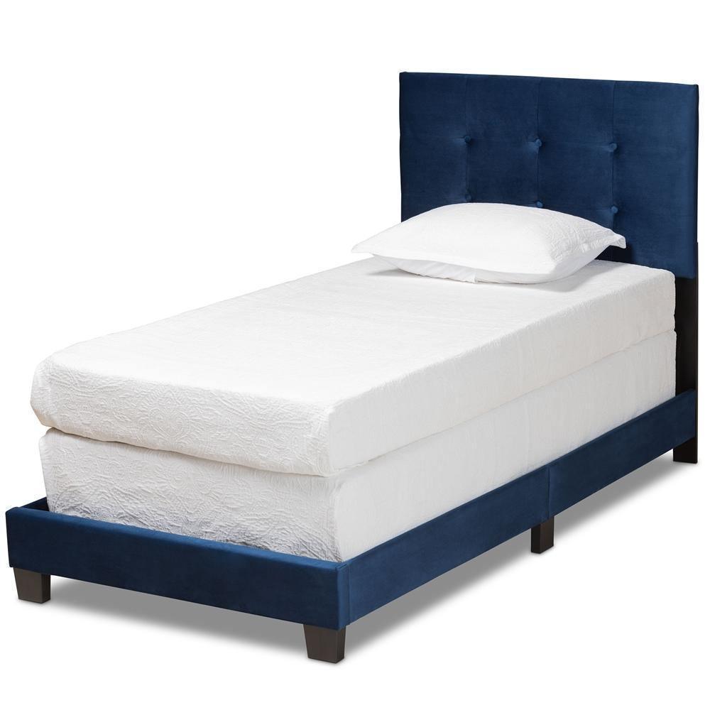 Caprice Modern and Contemporary Glam Navy Blue Velvet Fabric Upholstered Twin Size Panel Bed FredCo