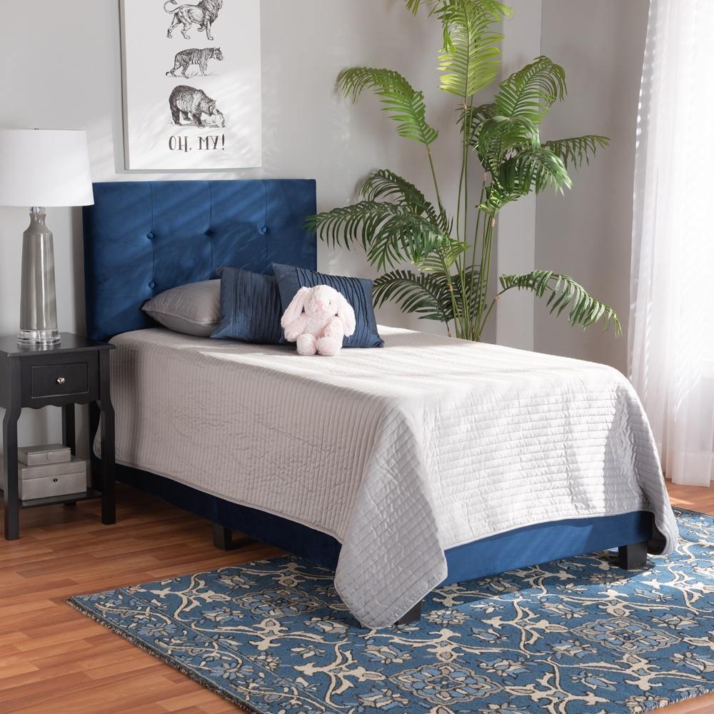Caprice Modern and Contemporary Glam Navy Blue Velvet Fabric Upholstered Twin Size Panel Bed FredCo