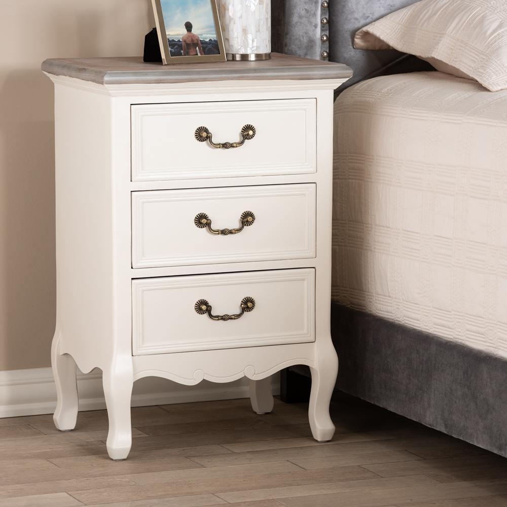 Capucine Antique French Country Cottage Two Tone Natural Whitewashed Oak and White Finished Wood 3-Drawer Nightstand FredCo