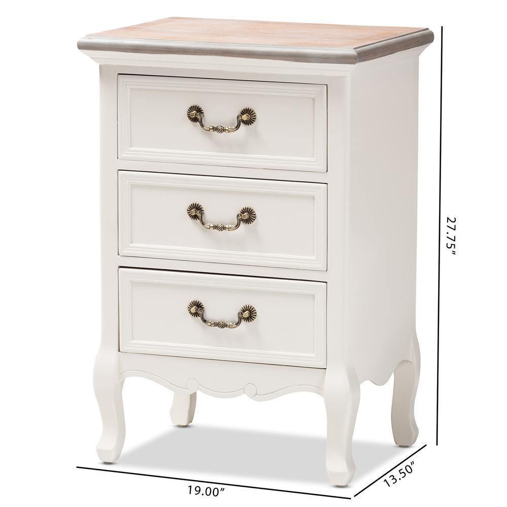 Capucine Antique French Country Cottage Two Tone Natural Whitewashed Oak and White Finished Wood 3-Drawer Nightstand FredCo