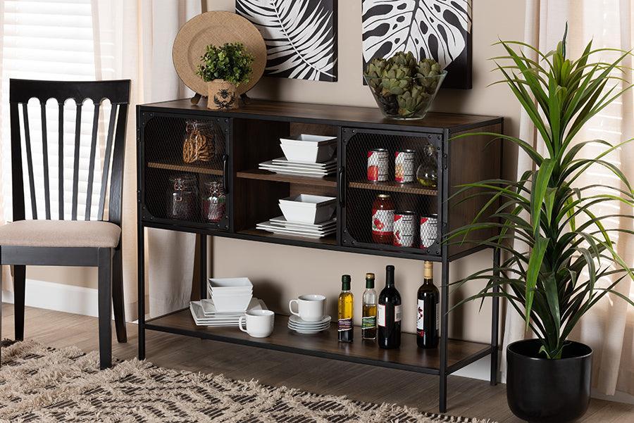 Cardea Modern Industrial Walnut Brown Finished Wood and Black Metal 2-Door Sideboard FredCo