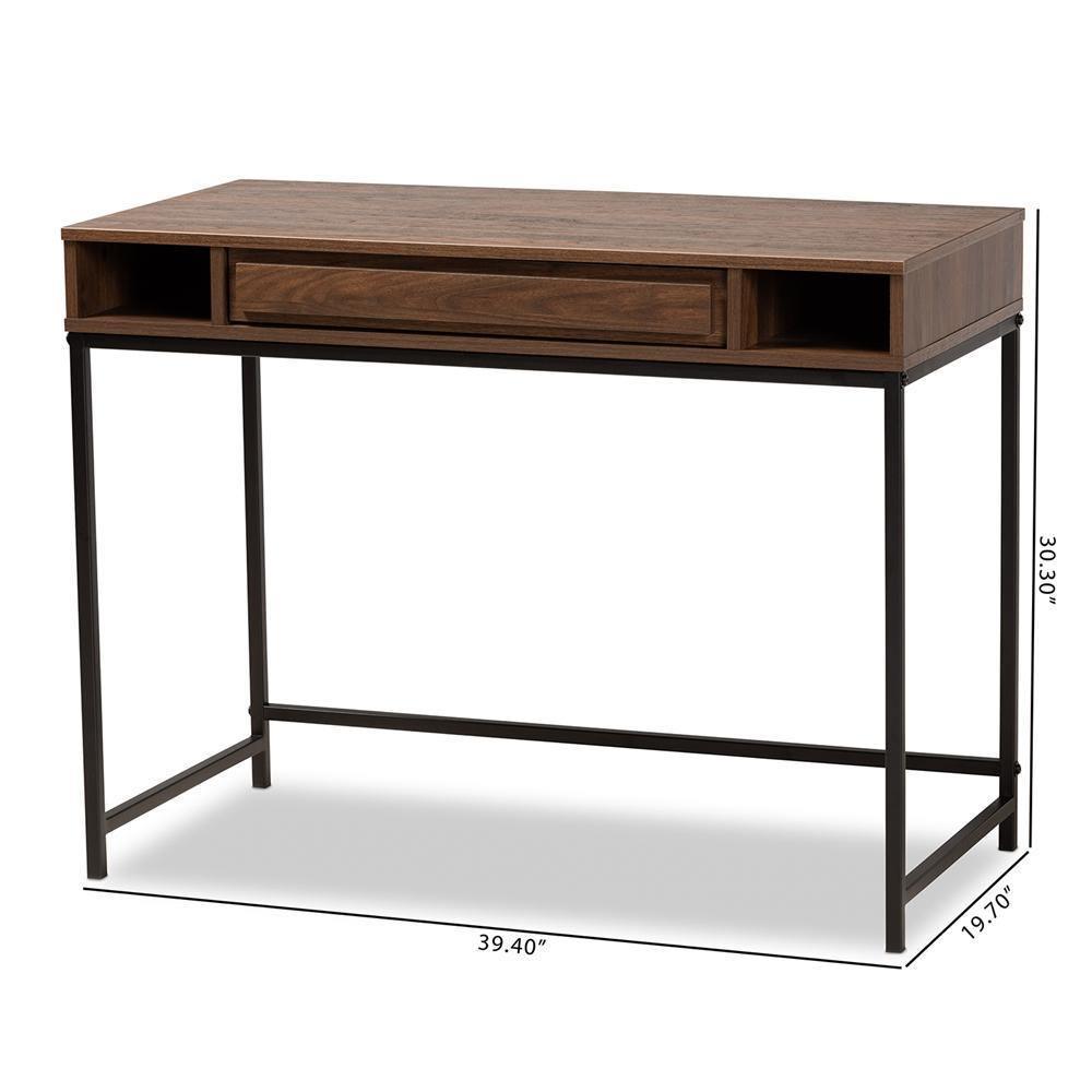 Cargan Modern and Contemporary Walnut Brown Finished Wood and Black Metal 1-Drawer Desk FredCo