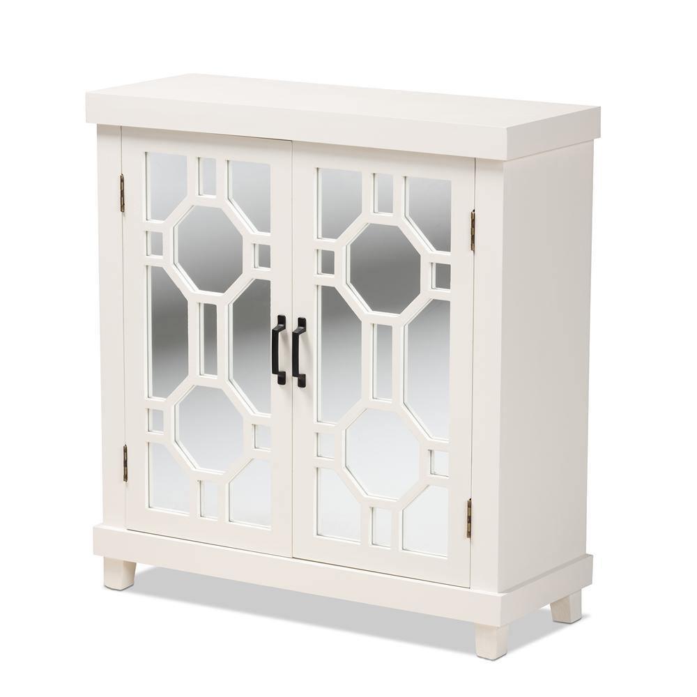 Carlena Modern and Contemporary White Finished Wood and Mirrored Glass 2-Door Sideboard FredCo
