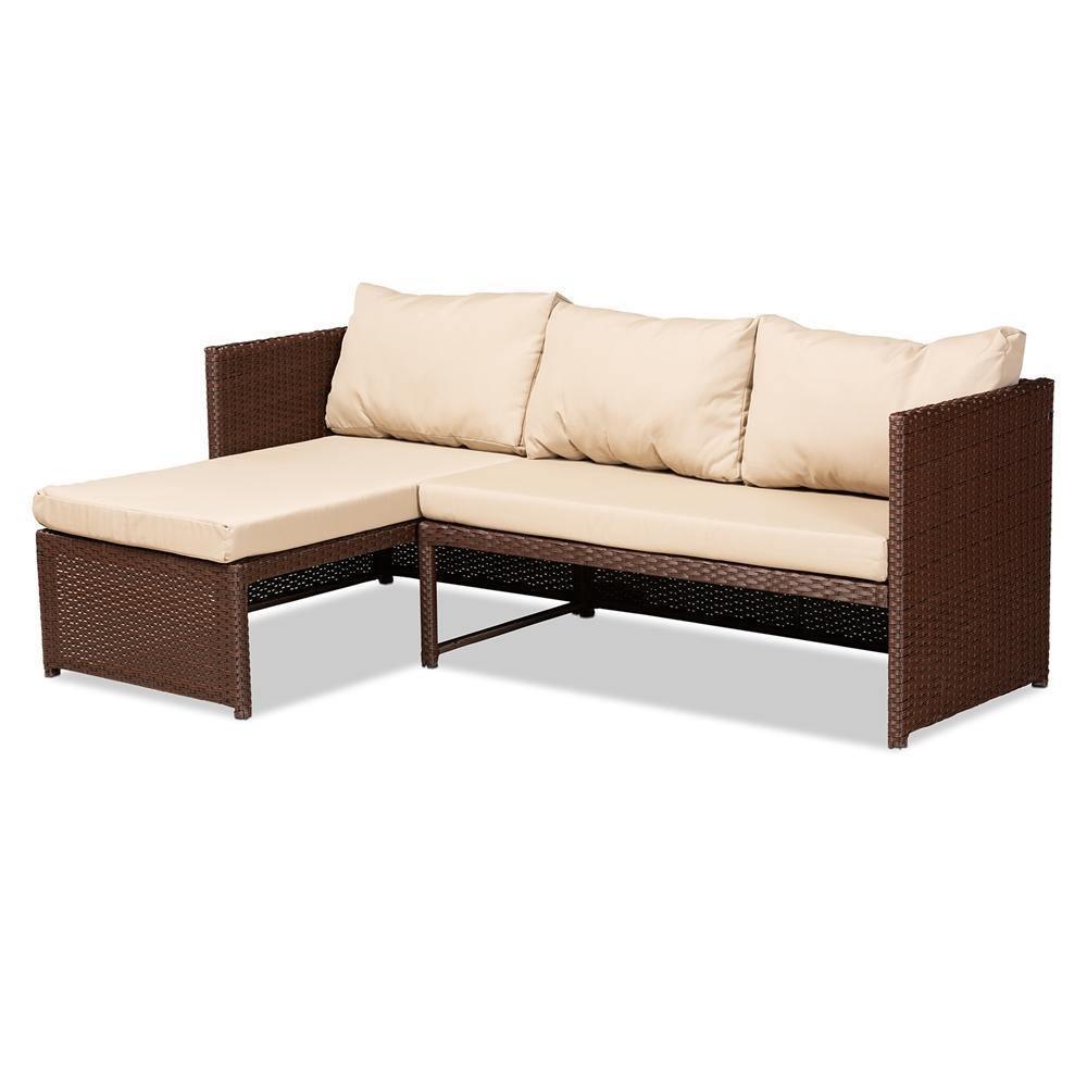 Carlton Modern and Contemporary Sand Fabric Upholstered and Brown Finished Woven PE Rattan 3-Piece Outdoor Patio Lounge Set FredCo