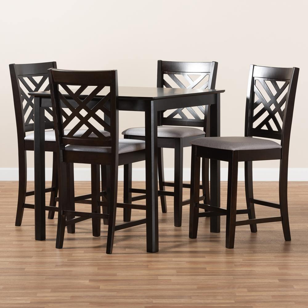 Caron Modern and Contemporary Gray Fabric Upholstered Espresso Brown Finished 5-Piece Wood Pub Set FredCo