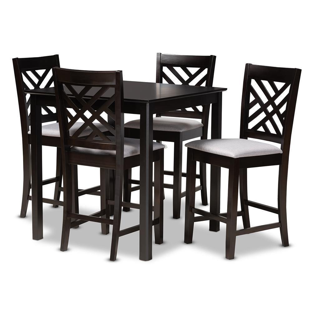 Caron Modern and Contemporary Gray Fabric Upholstered Espresso Brown Finished 5-Piece Wood Pub Set FredCo