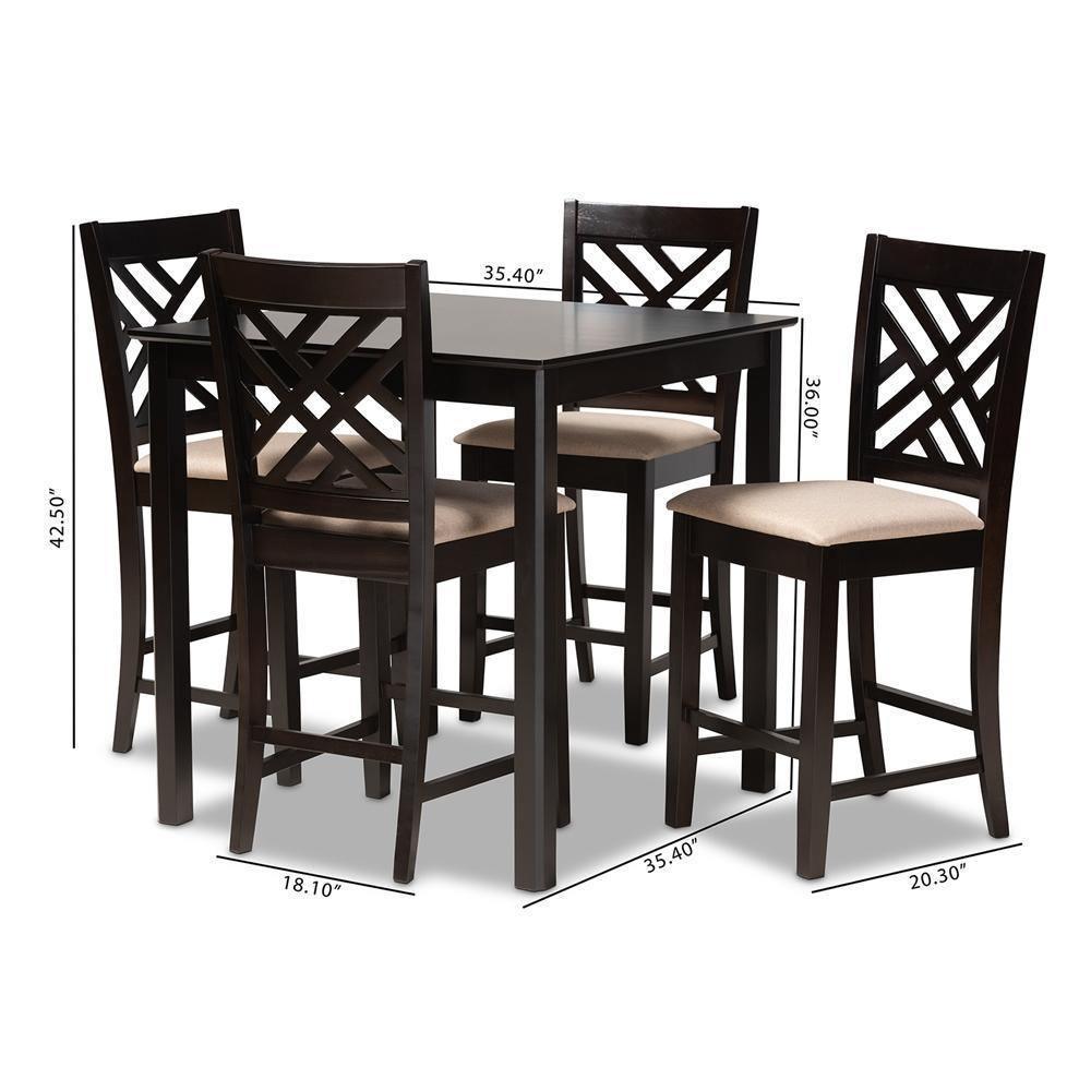 Caron Modern and Contemporary Sand Fabric Upholstered Espresso Brown Finished 5-Piece Wood Pub Set FredCo