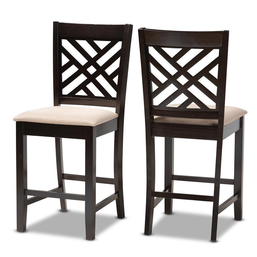 Caron Modern and Contemporary Sand Fabric Upholstered Espresso Brown Finished Wood Counter Height Pub Chair Set of 2 FredCo