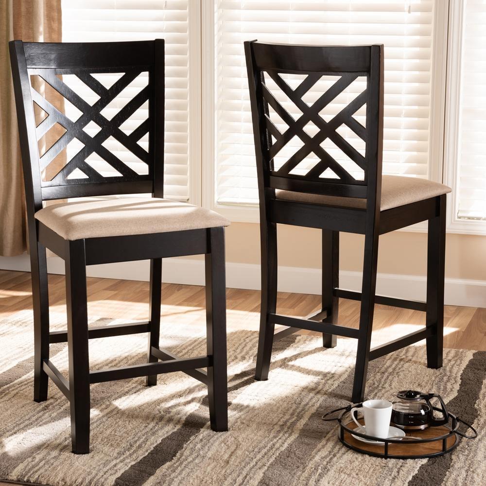 Caron Modern and Contemporary Sand Fabric Upholstered Espresso Brown Finished Wood Counter Height Pub Chair Set of 2 FredCo