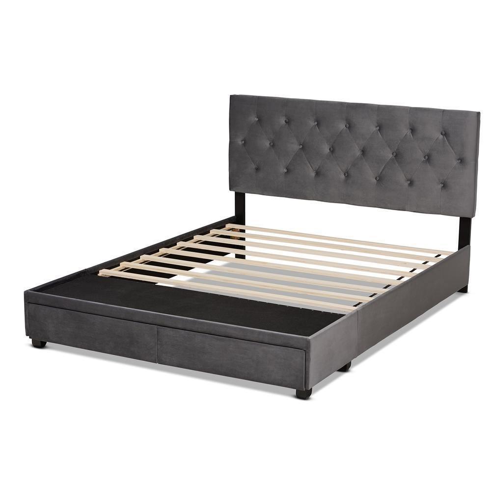 Caronia Modern and Contemporary Grey Velvet Fabric Upholstered 2-Drawer Queen Size Platform Storage Bed FredCo