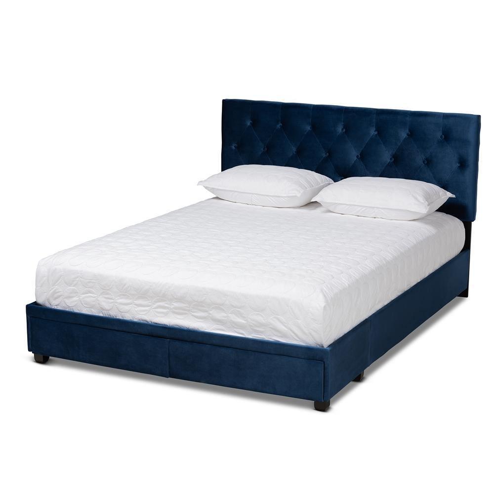 Caronia Modern and Contemporary Navy Blue Velvet Fabric Upholstered 2-Drawer Queen Size Platform Storage Bed FredCo